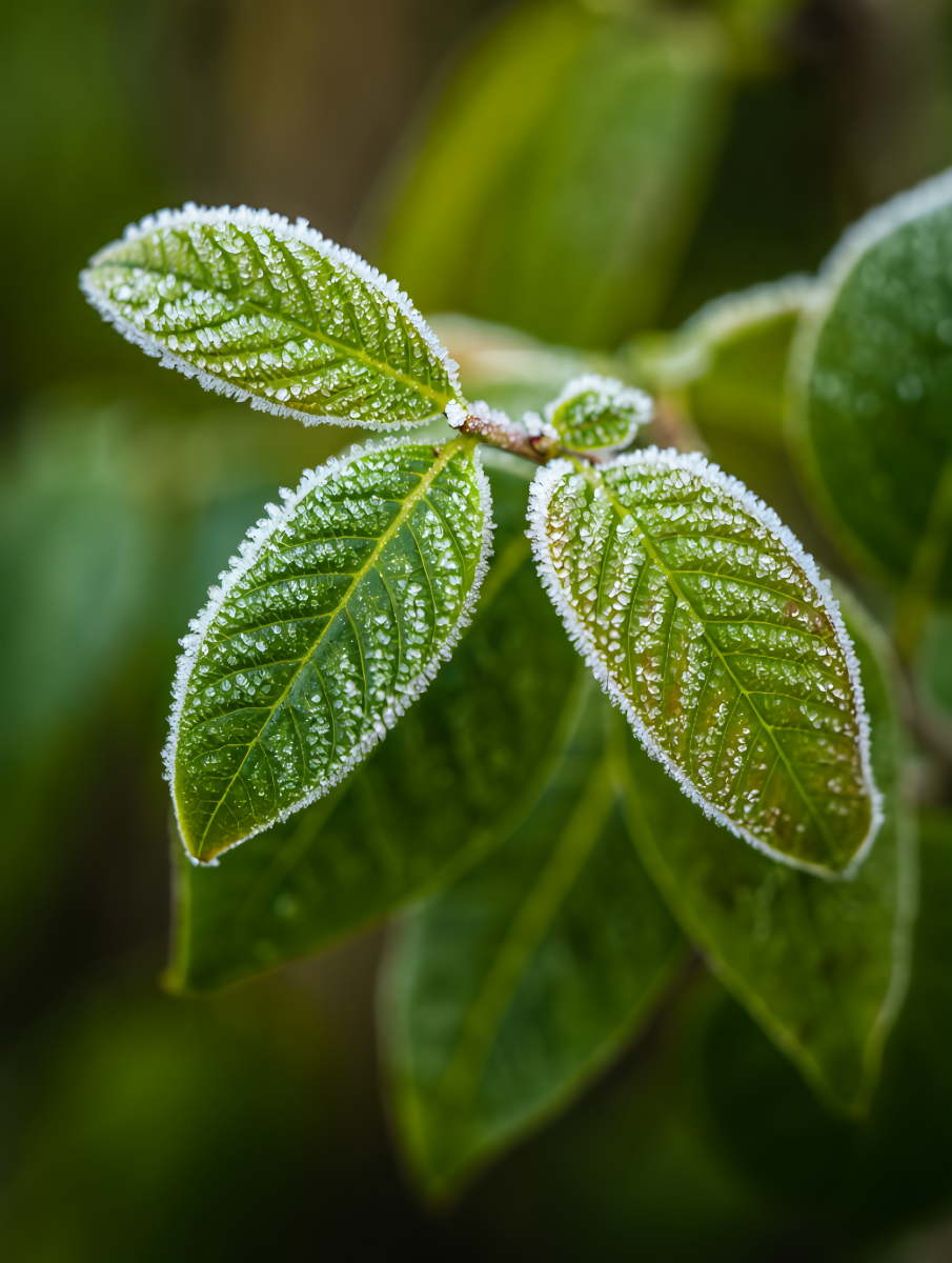 Autumn leaves covered in a delicate layer of frost crystals