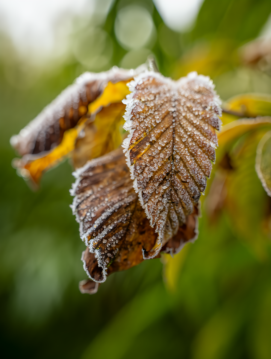 Frost covered autumn leaves