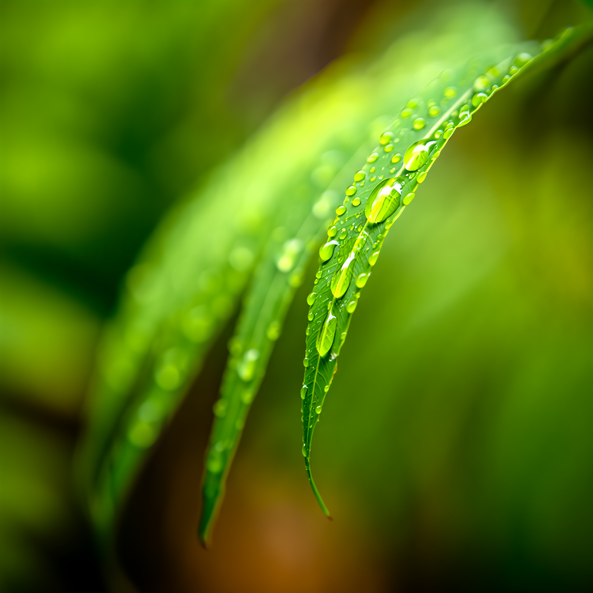 A macro photography of morning dew on a single fern leaf in a tropical forest