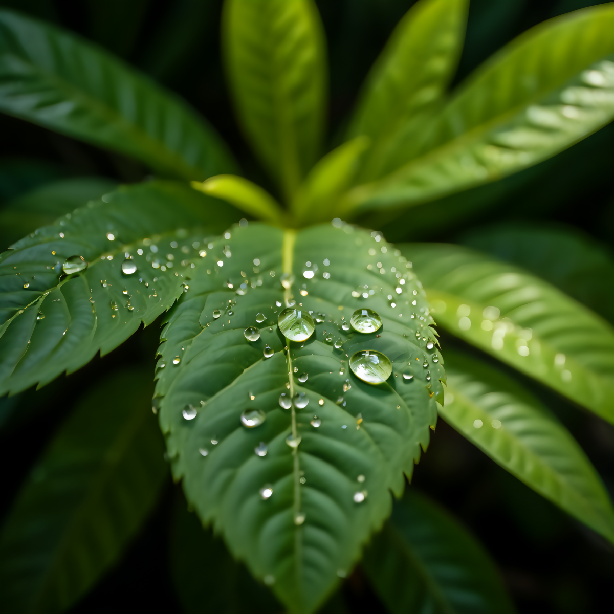 A macro photography of morning dew on a single fern leaf in a tropical forest setting