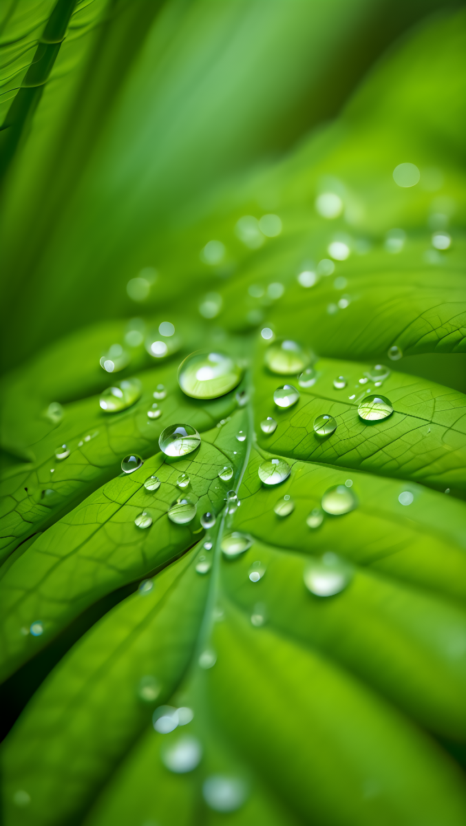 Morning dew droplets on a vibrant green fern leaf in a tropical forest setting