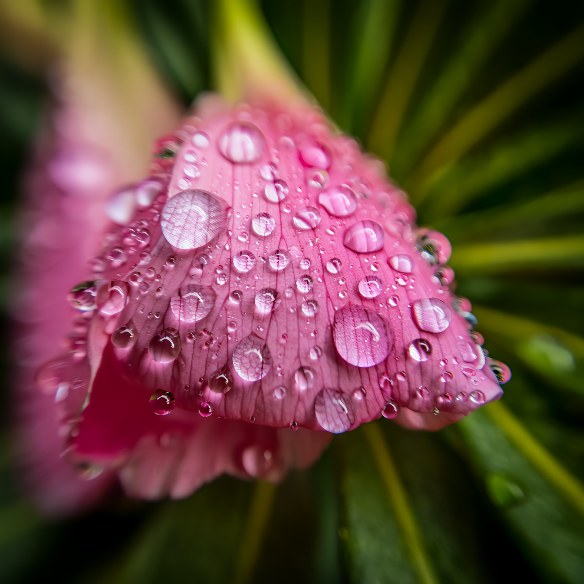 Morning dew drops on a pink flower petal