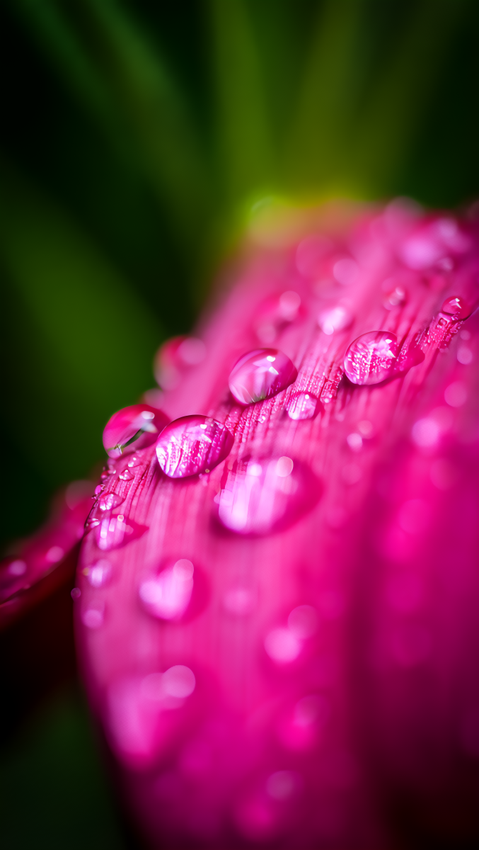 Individual dewdrops rest on a vivid pink flower petal