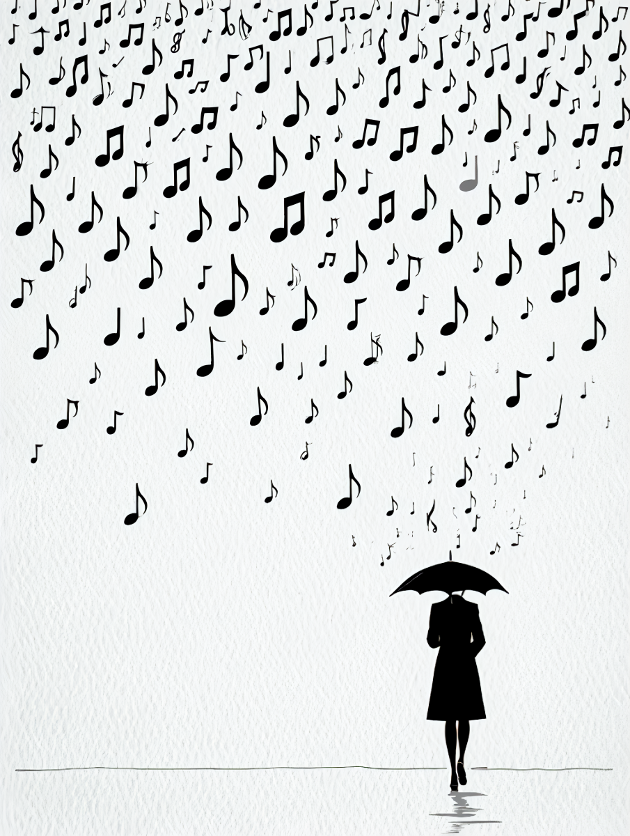 A black and white conceptual illustration shows a silhouetted figure walking in profile while holding an umbrella