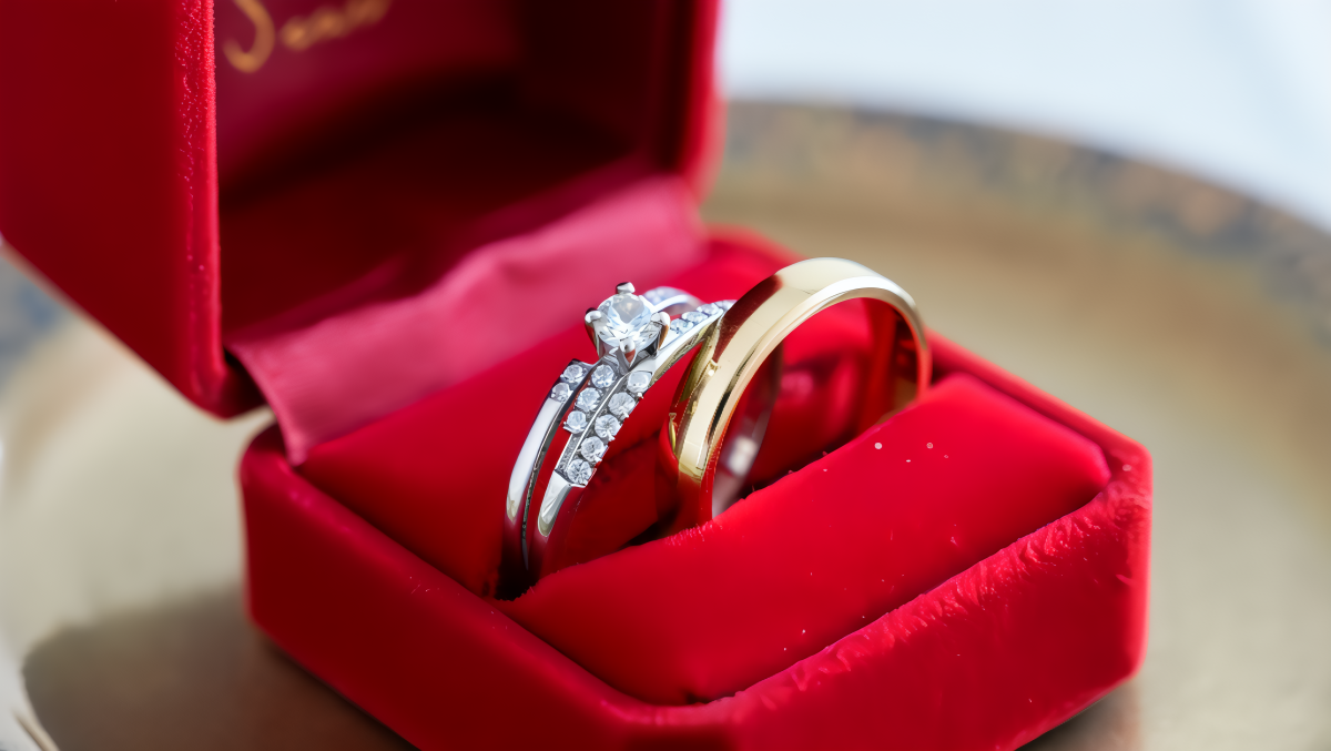 A silver bride's engagement ring and gold wedding band sit in an open red velvet ring box with the bands arranged parallel to each other