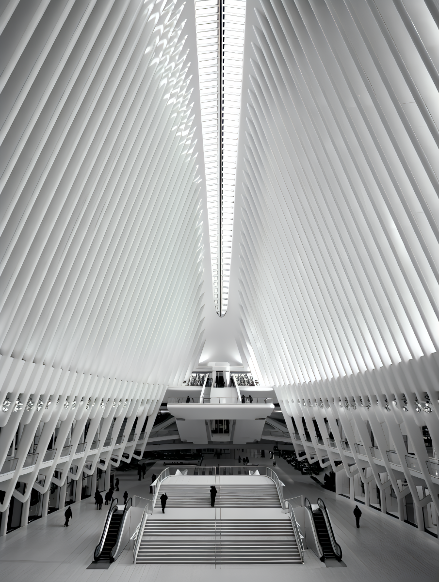 A dramatic black and white architectural photograph captures the interior of the Oculus Transportation Hub