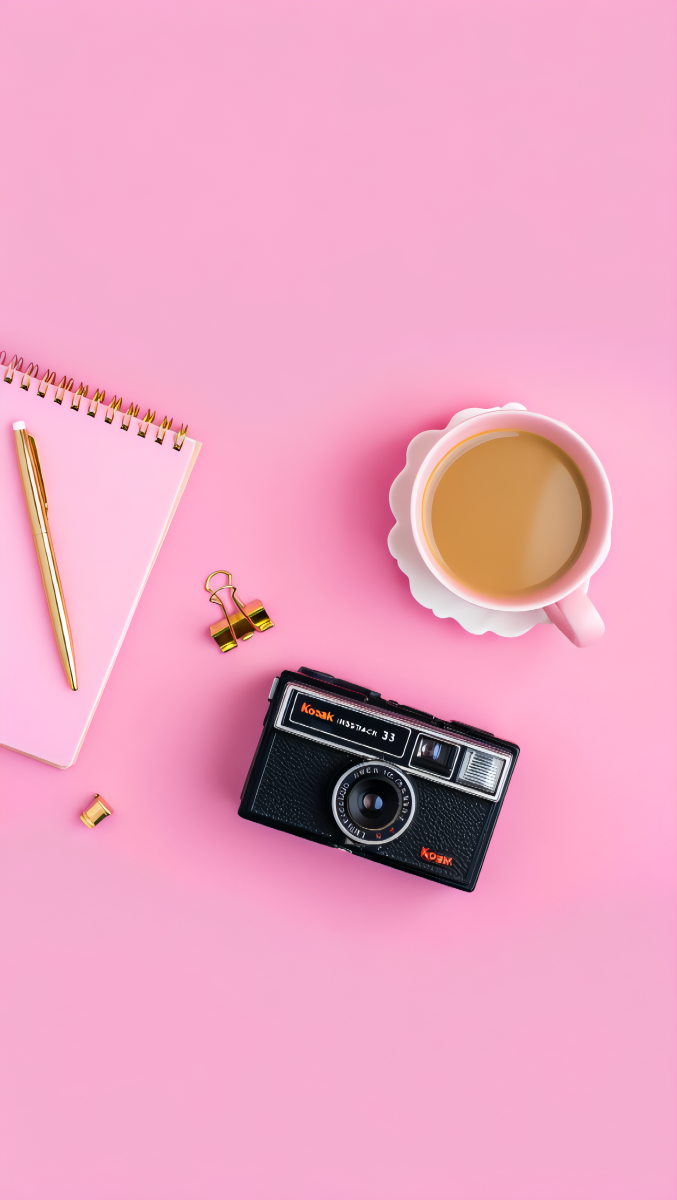 A minimalist flat lay photograph featuring a vintage black Kodak Instamatic 33 camera centered on a solid pastel pink background