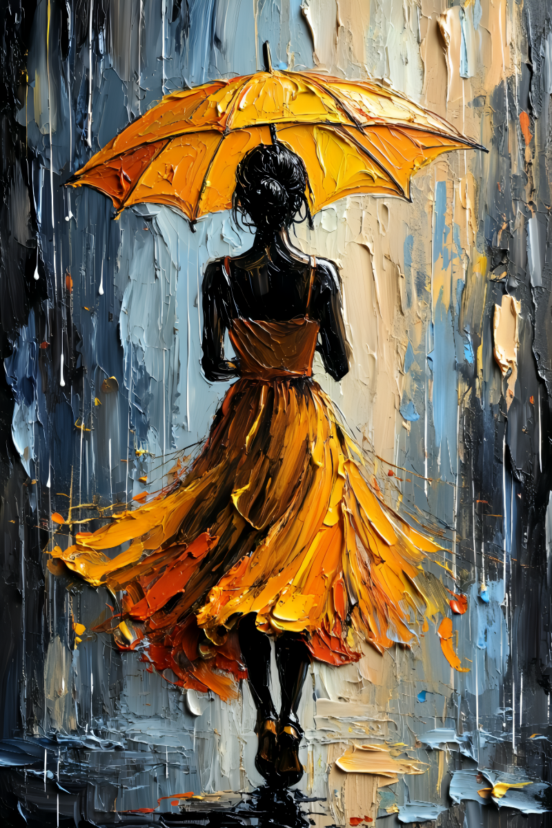 A heavily textured impasto oil painting depicting a silhouetted woman walking in the rain