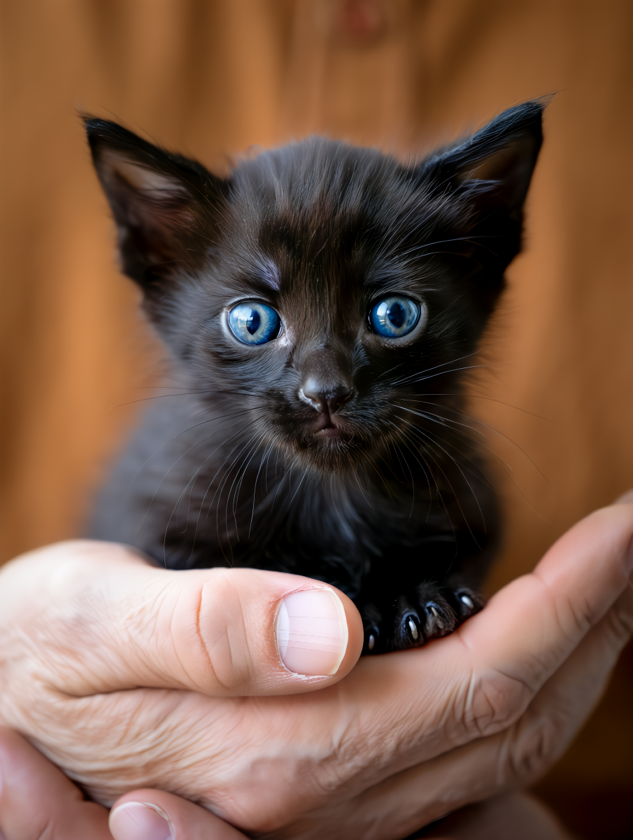 Close up photography of an extremely young black kitten