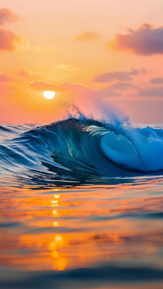 A dramatic ocean wave breaks at sunset