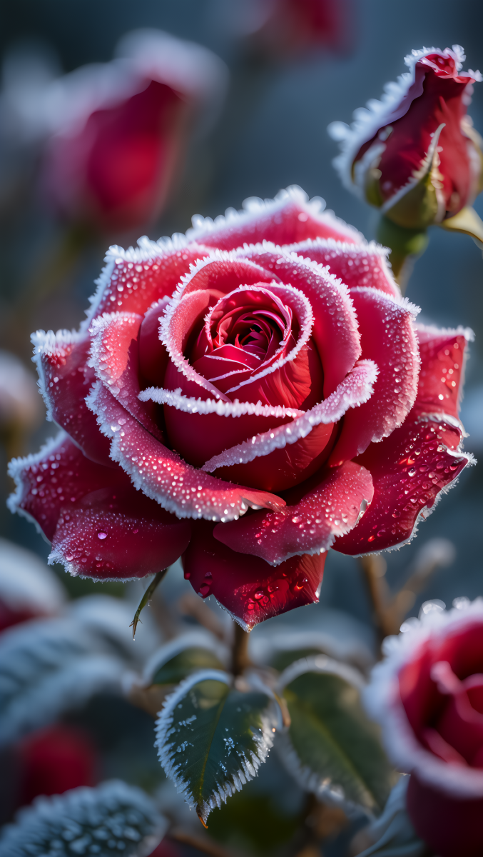 Frost covered red rose in the early dawn