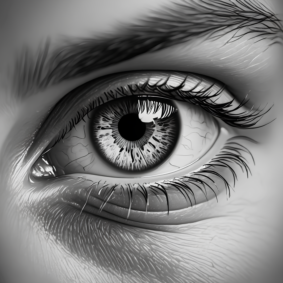 A hyperrealistic black and white illustration of a human eye in extreme close up