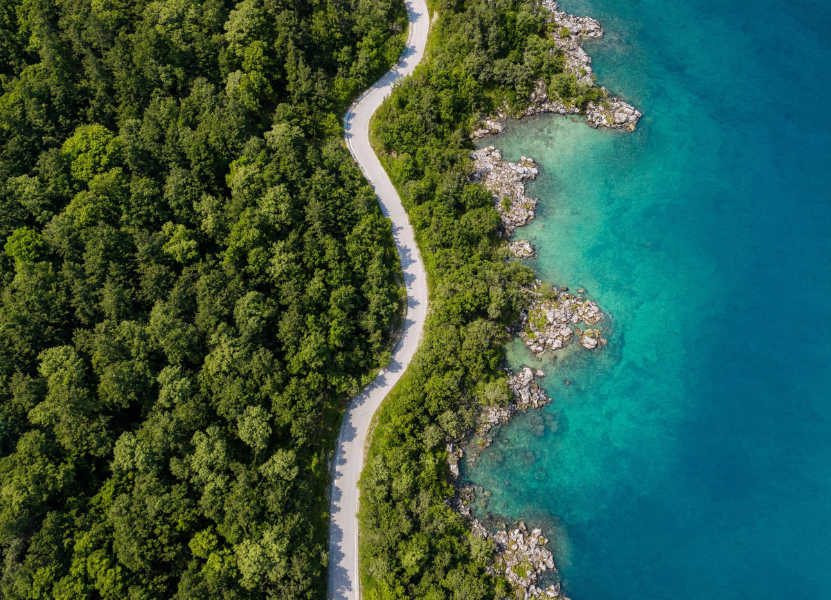 Aerial path by blue water