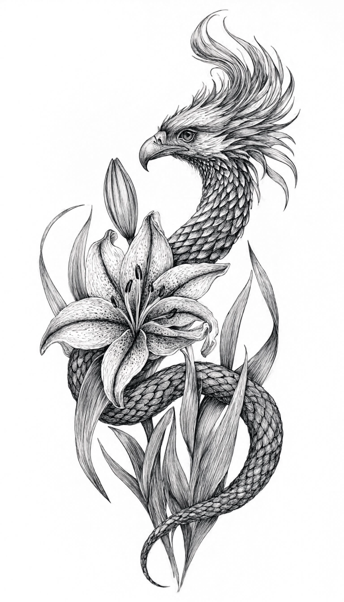 Mystical Bird Snake Lily Tattoo