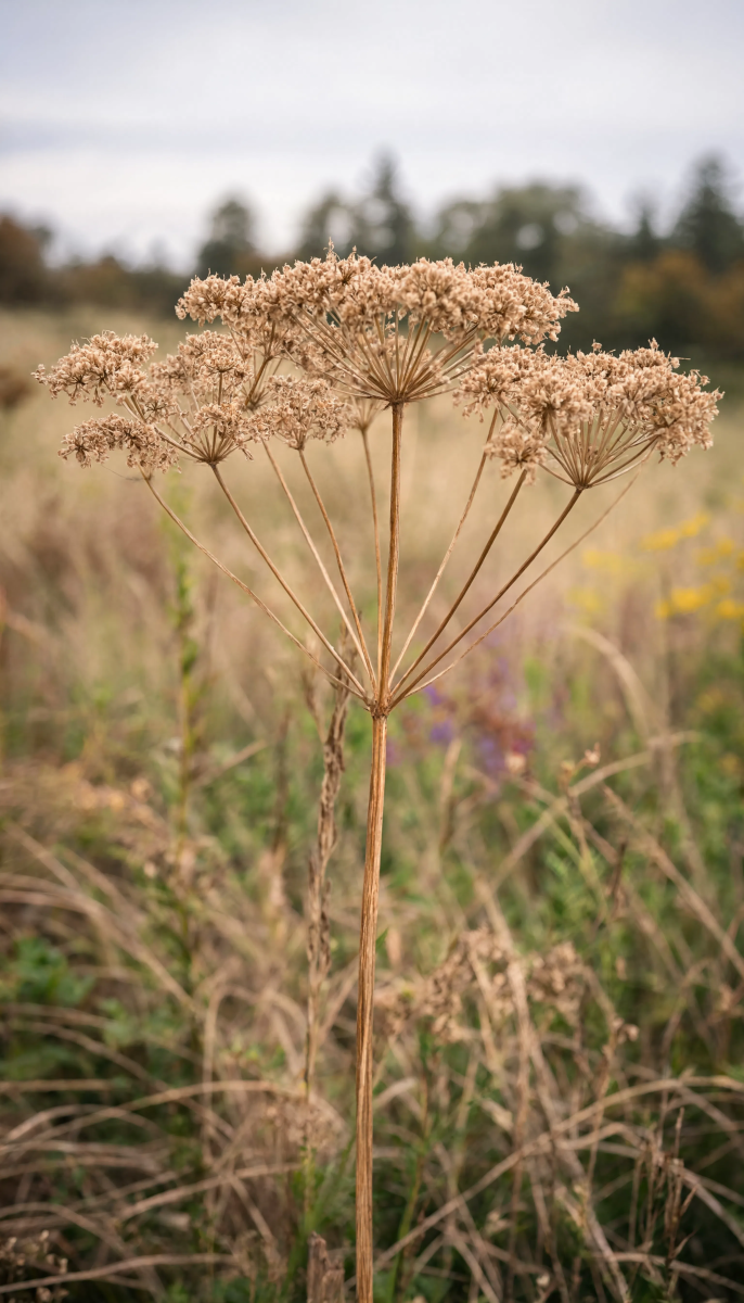 Posušeno polje govedjega pastinaka Heracleum maximum