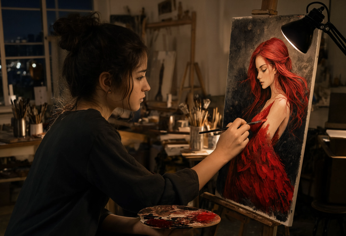 Artist painting red woman on canvas