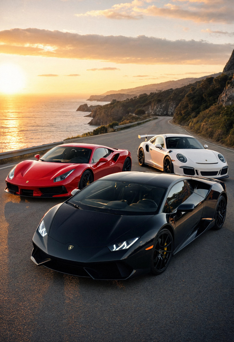 Three sport cars Porsche Lamborghini and Ferrari