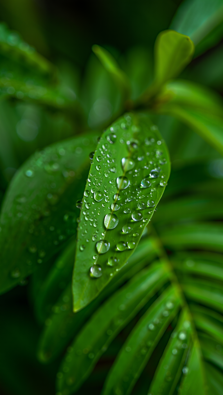 Morning dew droplets clinging to a single fern leaf in ultra-sharp detail