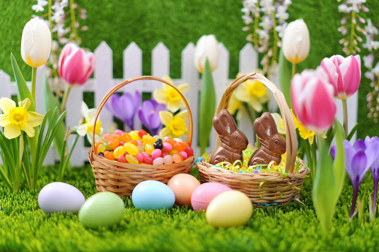 A whimsical Easter scene photographed in soft spring lighting