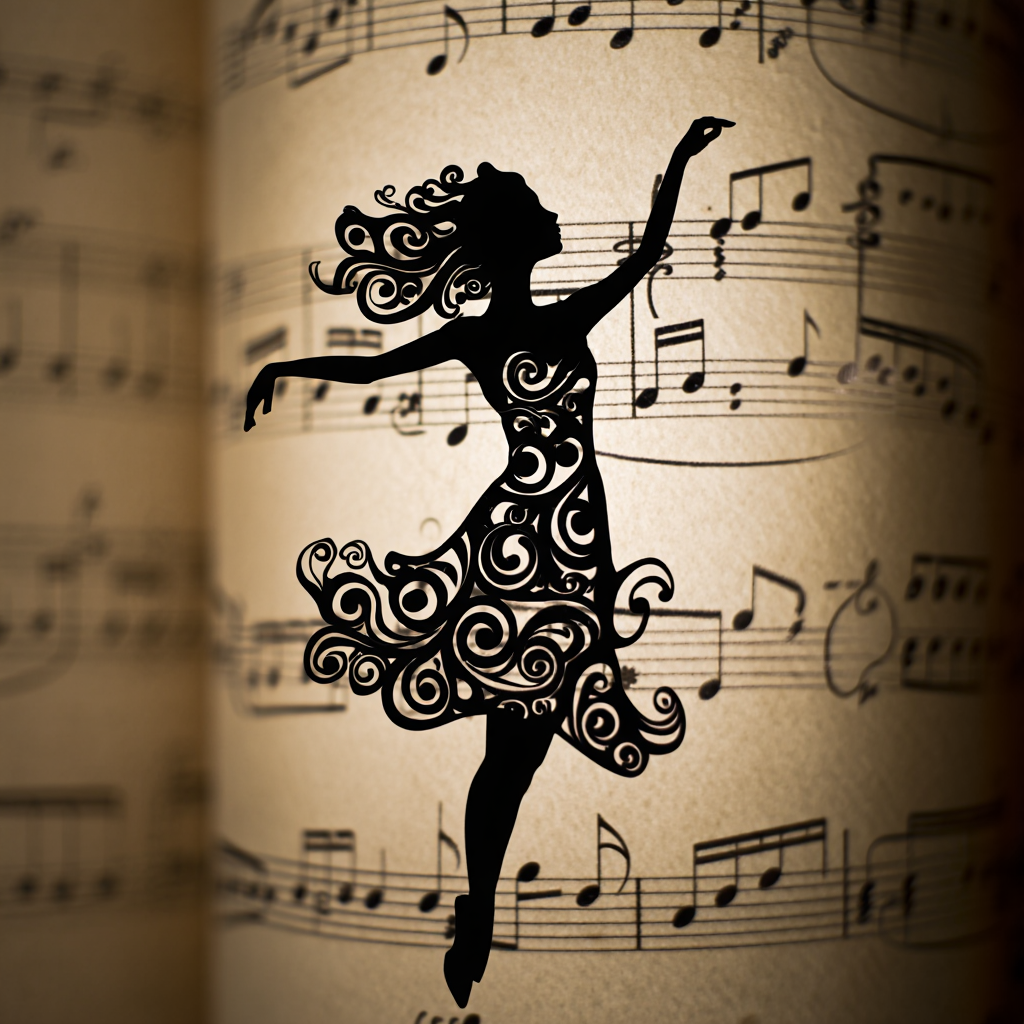 Black silhouette of a dancing figure positioned in the center of the frame