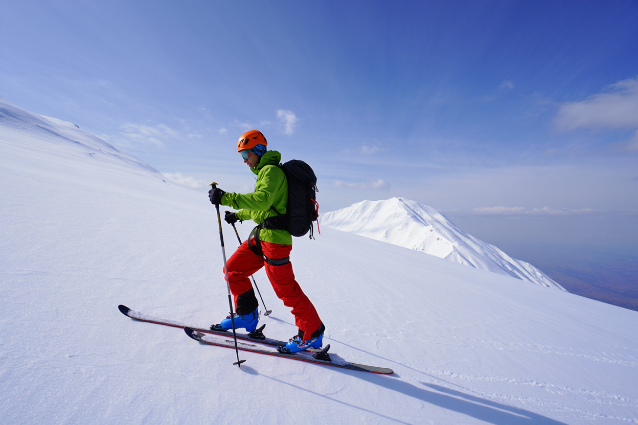 A backcountry skier ascends a snow-covered mountain slope during daylight hours