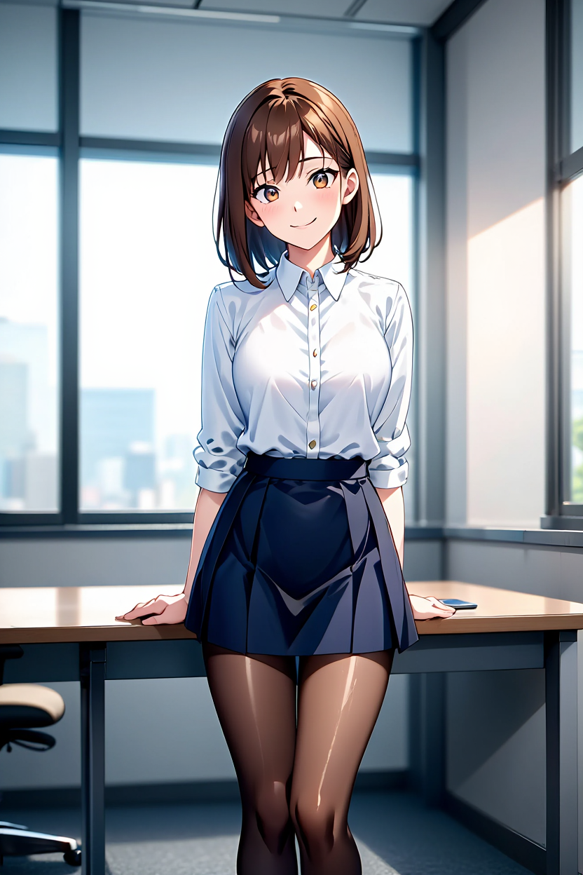 A 3D rendered anime-style young woman in a professional office setting