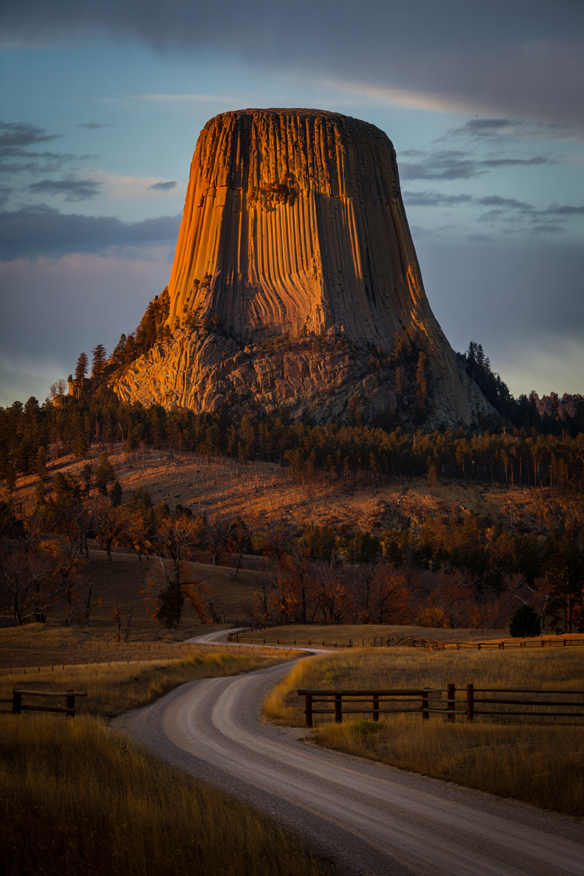 A majestic landscape photograph of Devils Tower National Monument in Wyoming, captured during golden hour sunset
