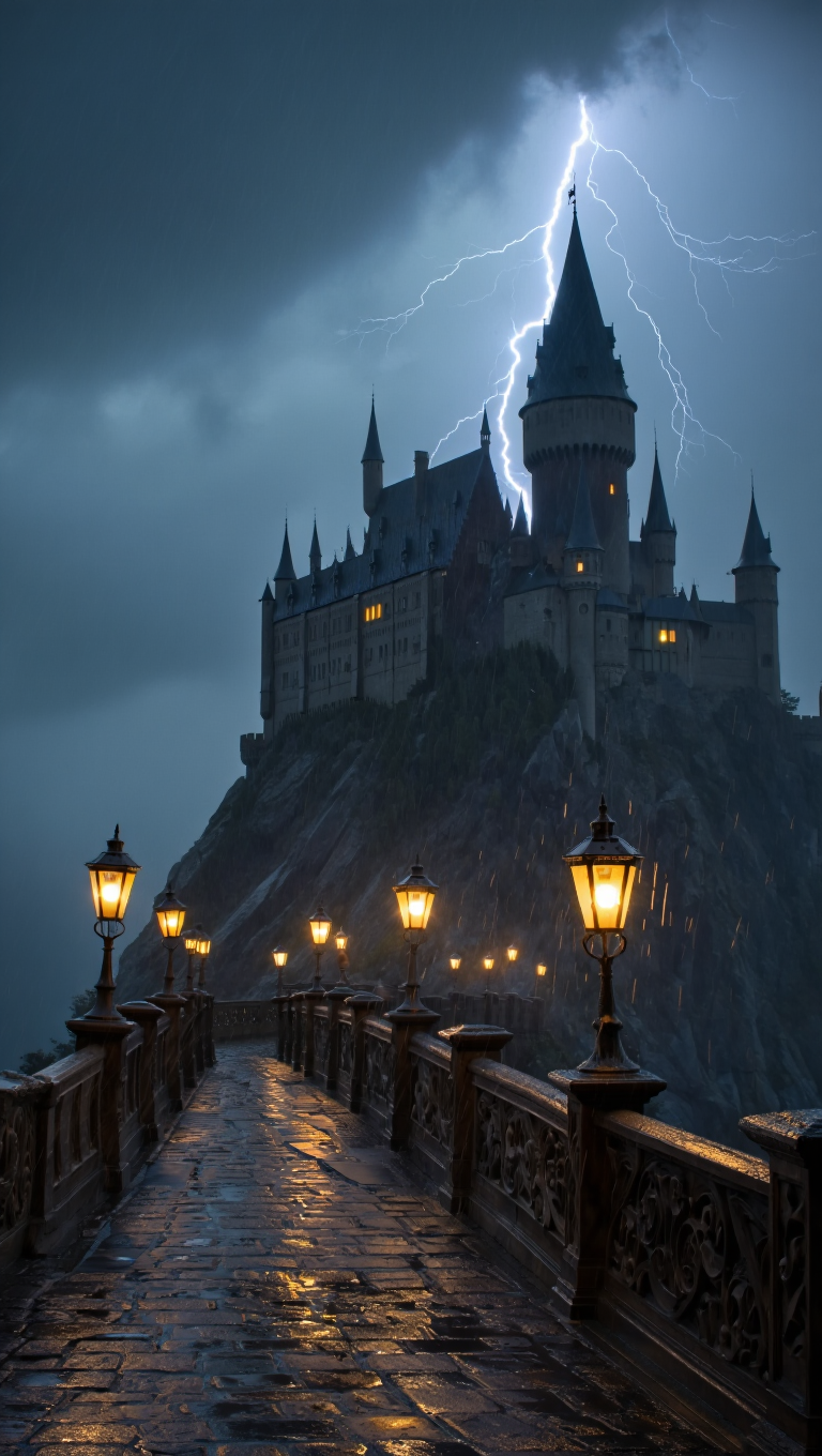A medieval castle with multiple spired towers and turrets sits atop a steep rocky cliff during a thunderstorm