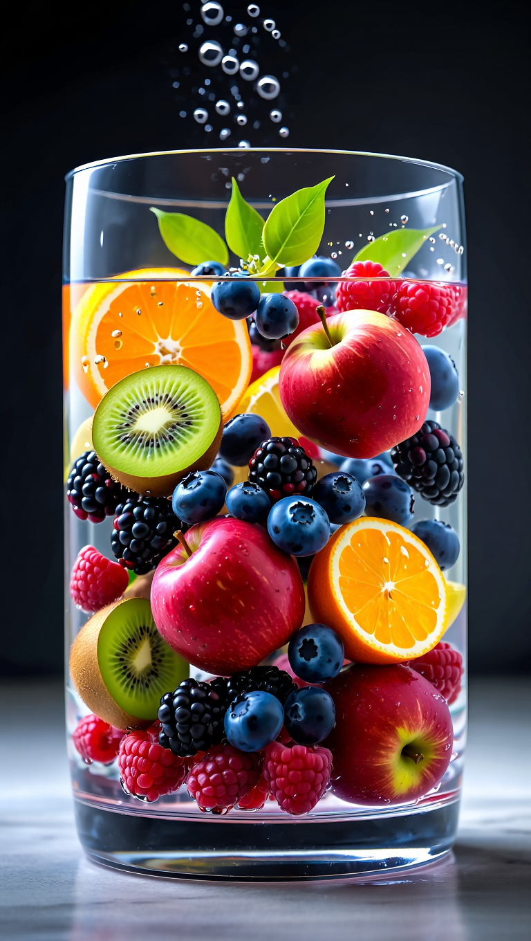 A photorealistic 3D rendered still life featuring a cylindrical clear glass vessel filled with an assortment of fresh fruits suspended in water