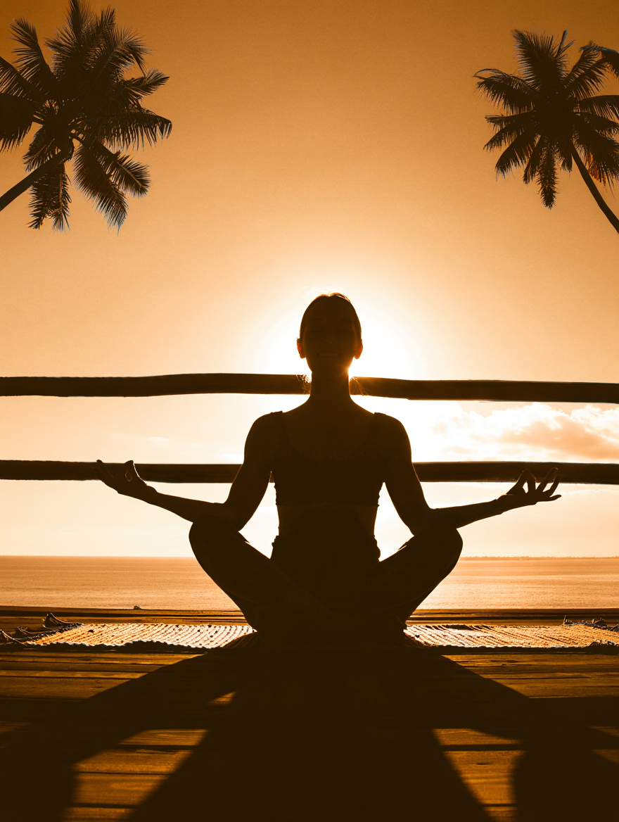 A silhouetted figure sits in lotus position on a wooden deck during golden hour