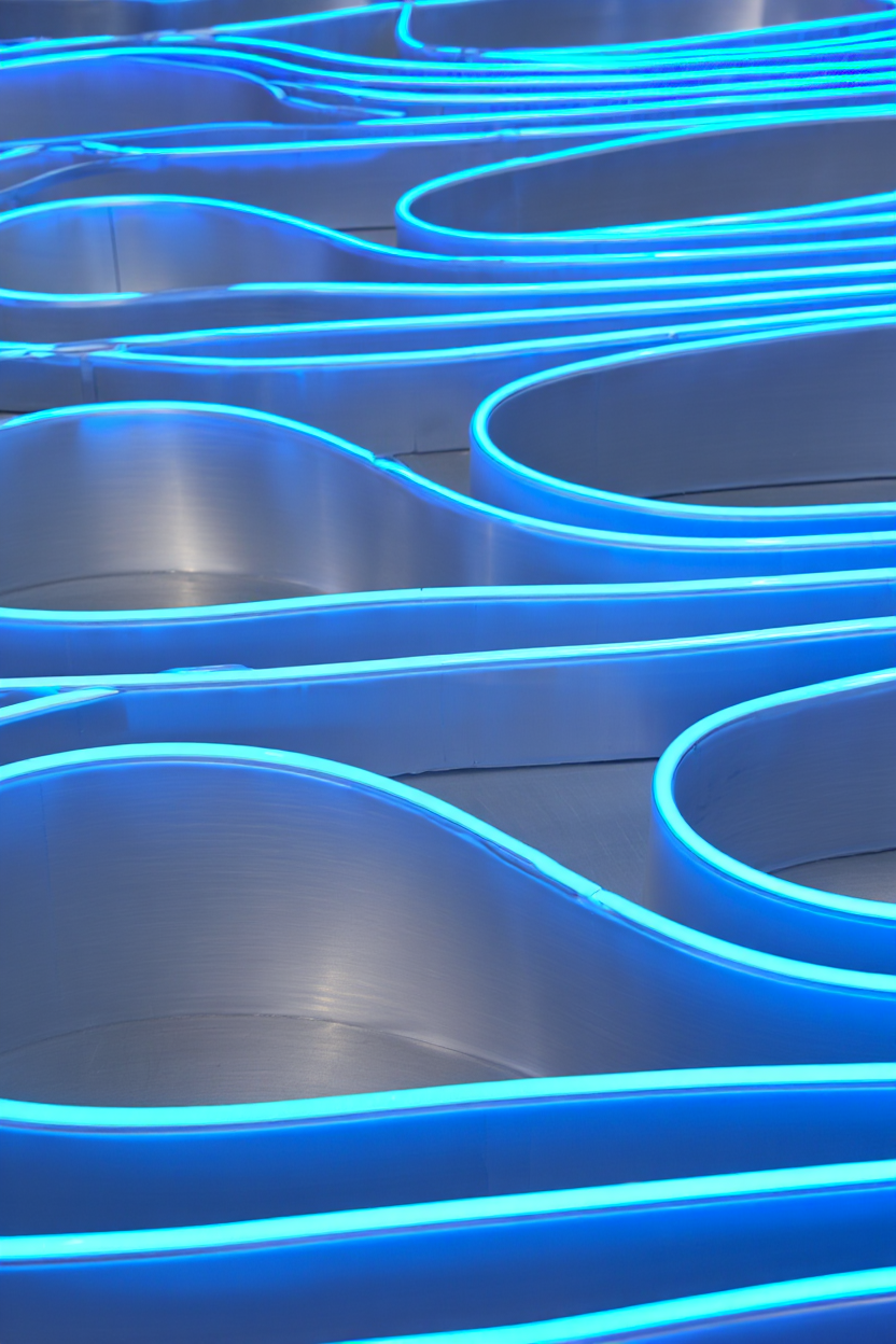 Abstract concentric neon lines glowing bright blue against a brushed metal gray chrome surface