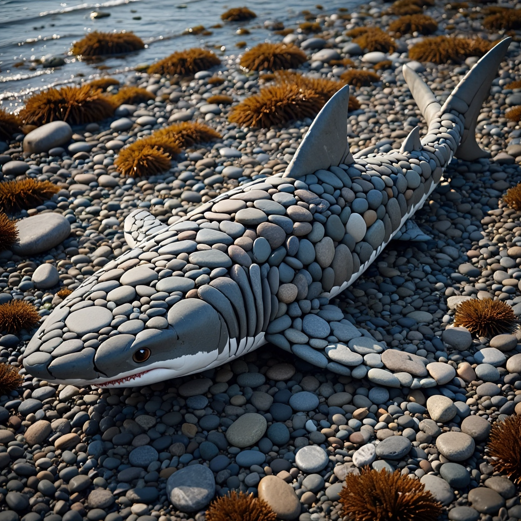A masterfully crafted environmental sculpture of a shark created from carefully arranged smooth river rocks and pebbles rests on a natural rocky beach