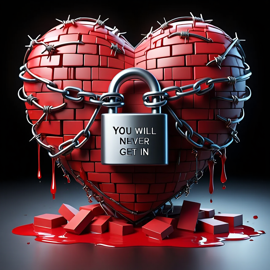 A 3D rendered conceptual art piece featuring a large heart-shaped structure built from red bricks