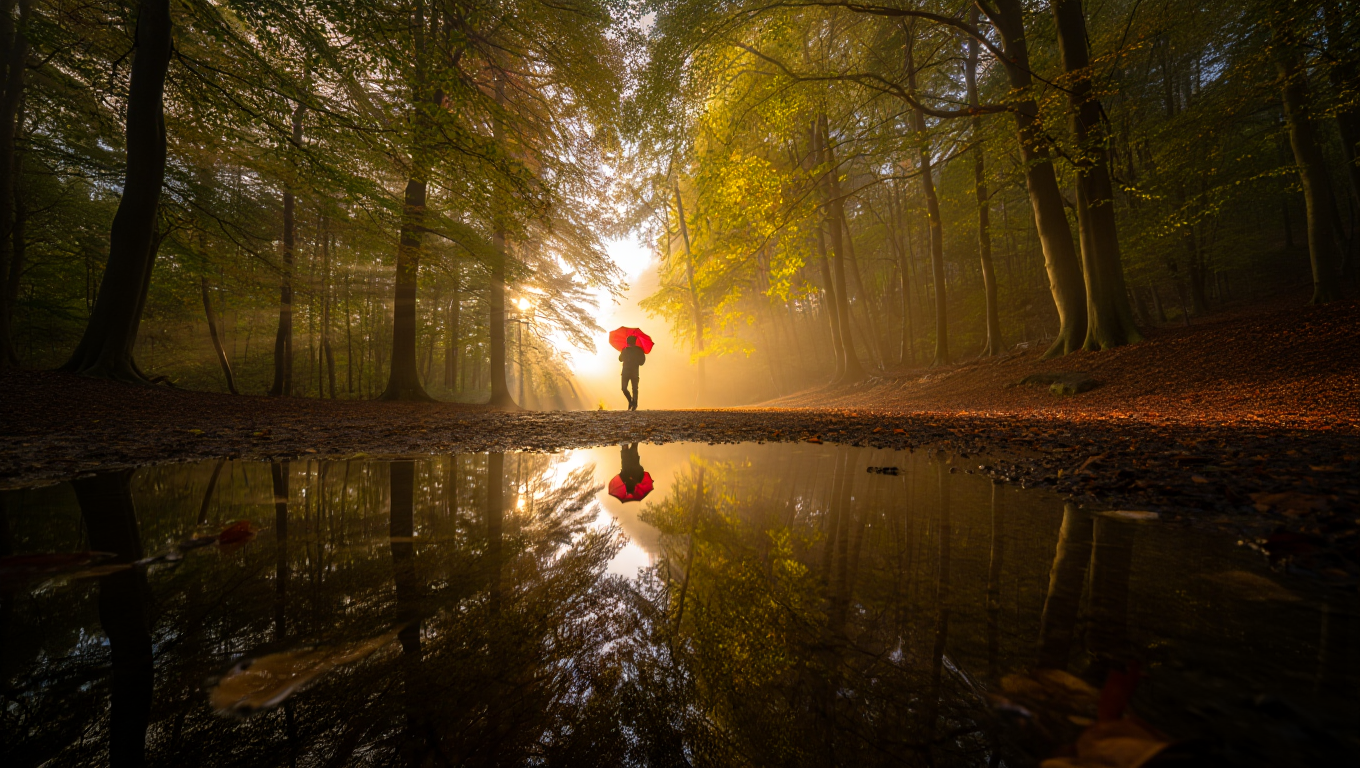 A atmospheric autumn landscape photograph capturing a solitary figure holding a bright red umbrella