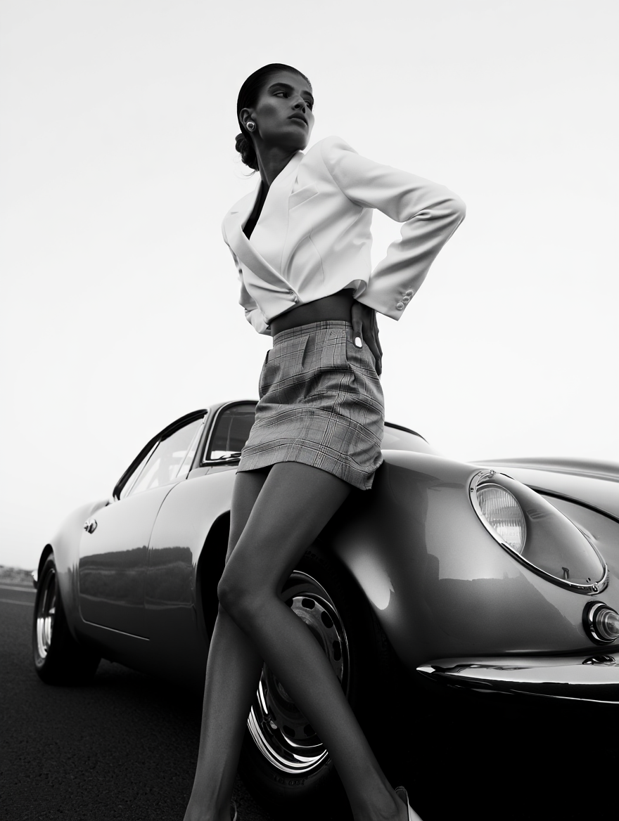 A black and white fashion photograph features a female model in a white cropped blazer and plaid mini shorts posing confidently beside a luxury sports car