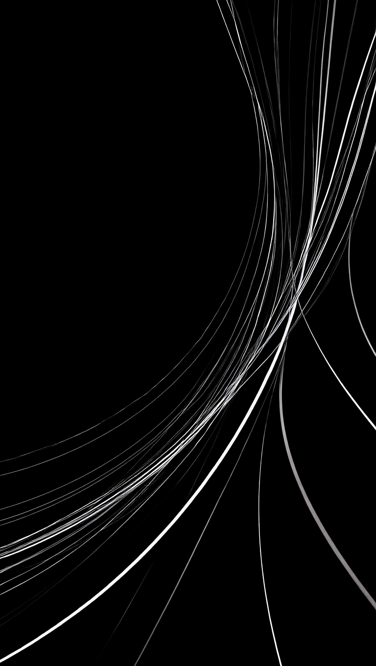 A black and white abstract composition with multiple organic white lines flowing diagonally from left to right across a pure black background