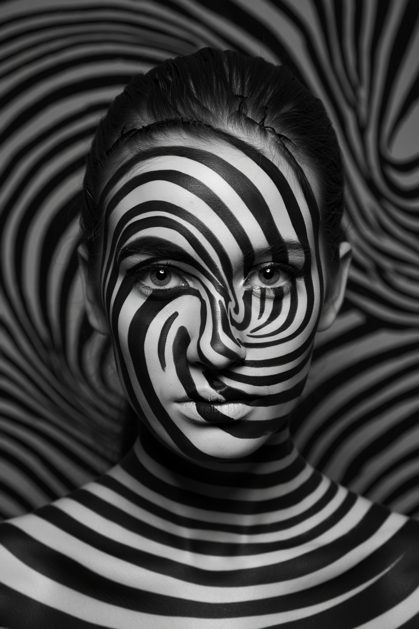 A surreal black and white conceptual portrait featuring a young woman's face painted with precise black and white stripes