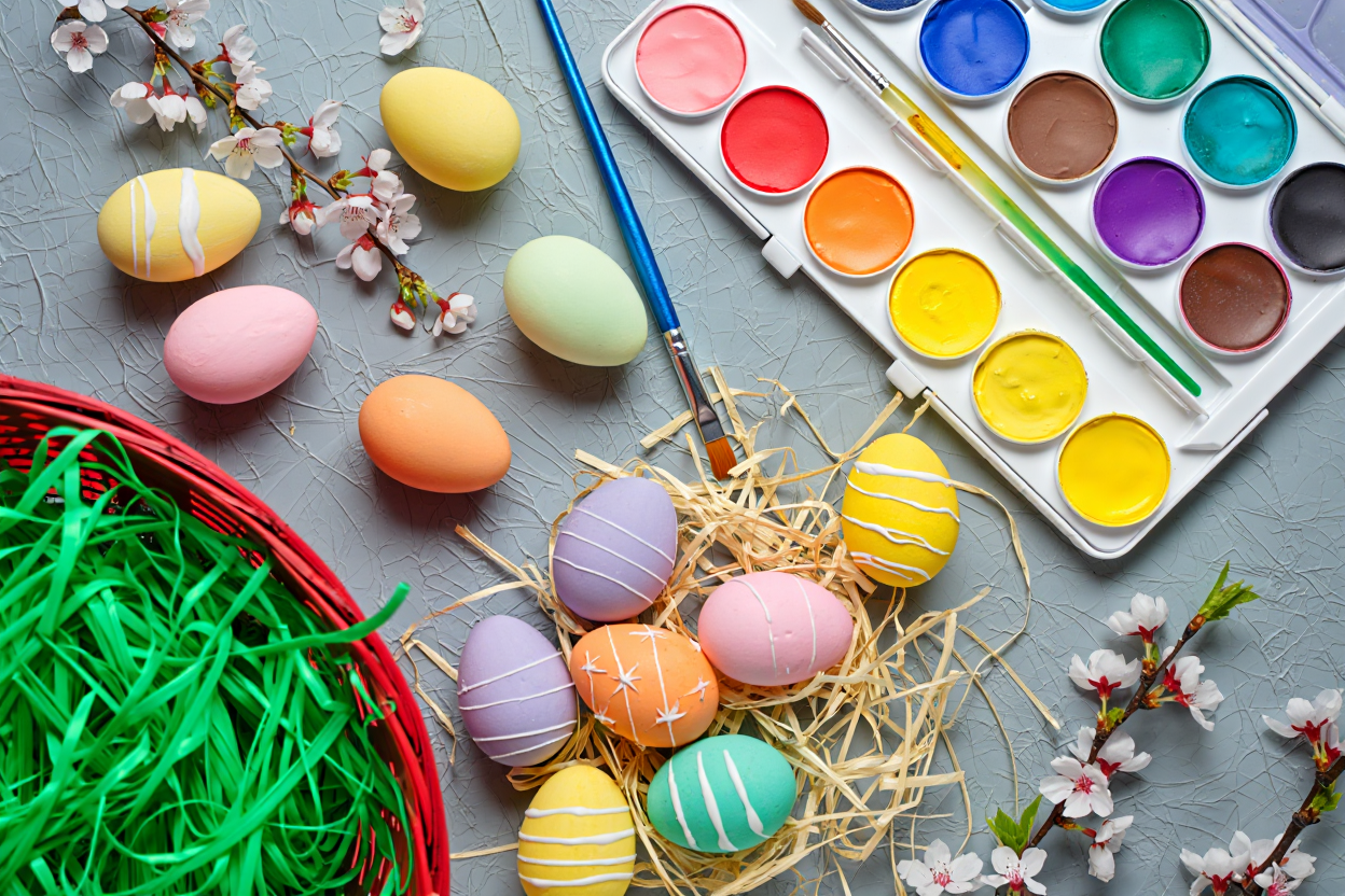 A festive Easter egg decorating scene