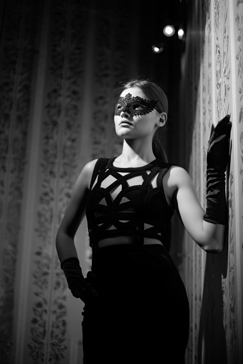 A dramatic black and white fashion photography