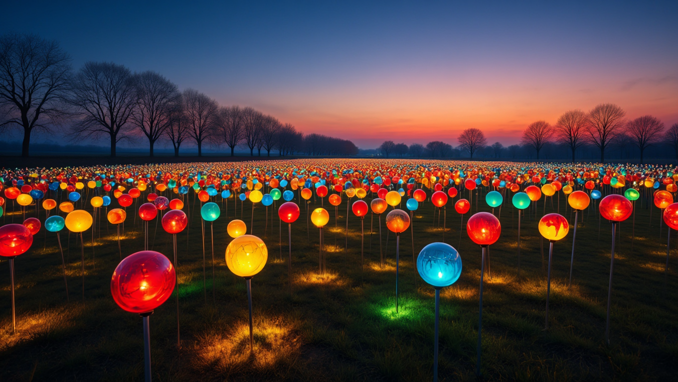 A wide-angle photograph of a large-scale light installation artwork captured at sunset shows thousands of illuminated glass spheres mounted on metal stems across a dark grass field
