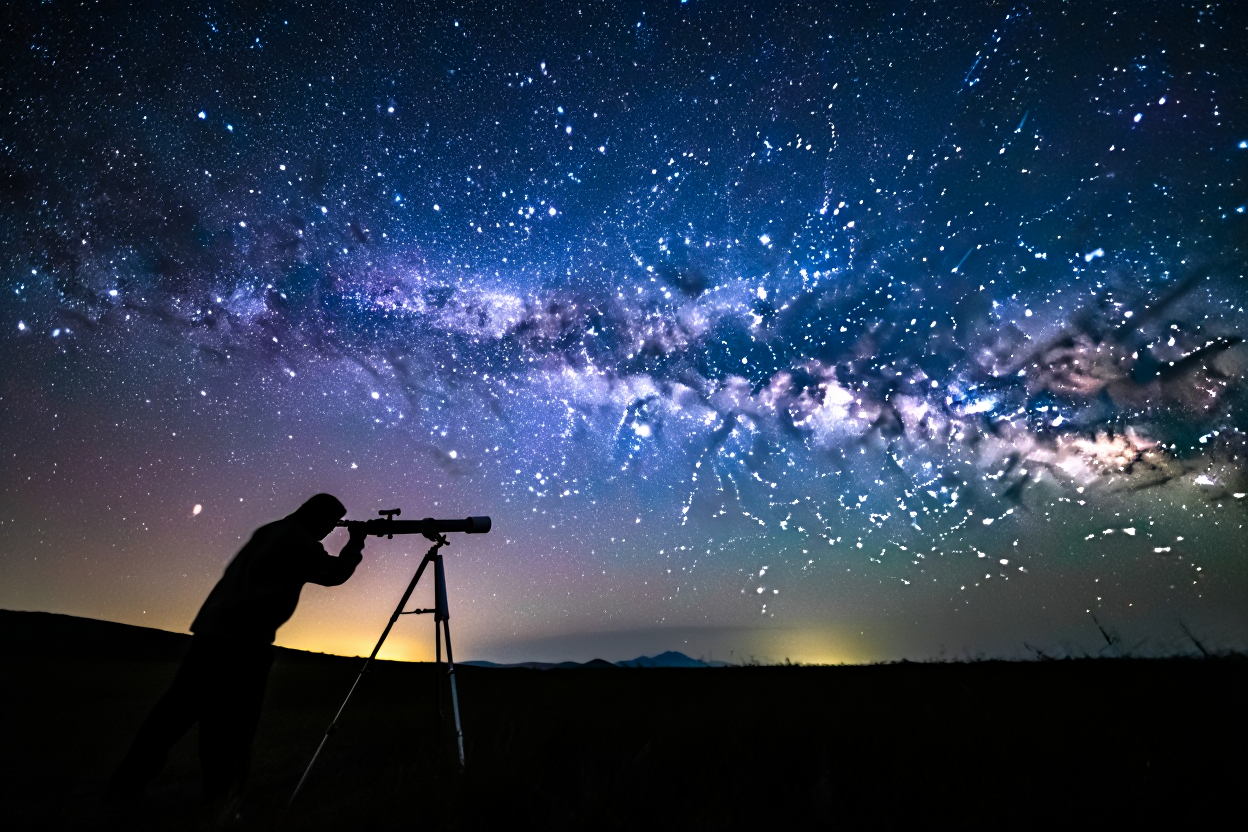 A silhouetted figure observes the night sky through a telescope under a brilliant display of the Milky Way galaxy