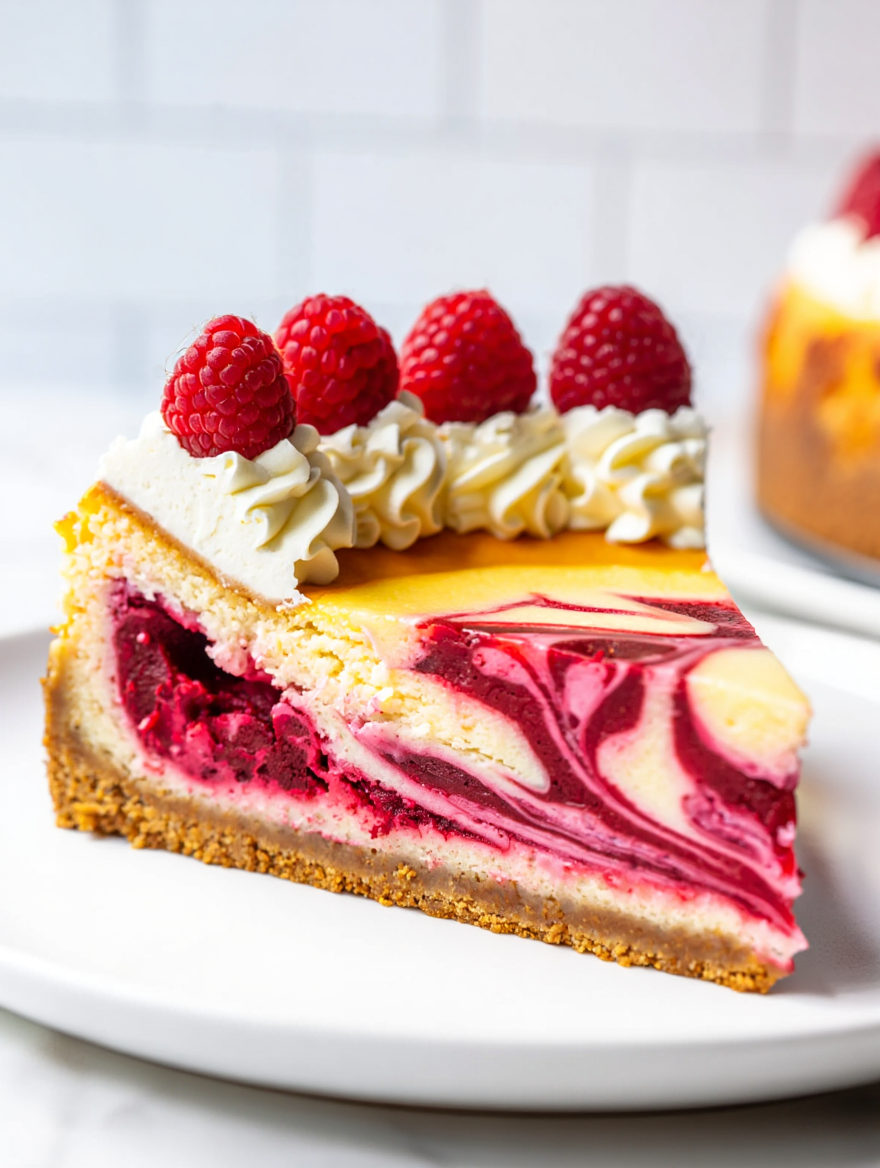 A slice of marbled cheesecake sits centered on a round white ceramic plate