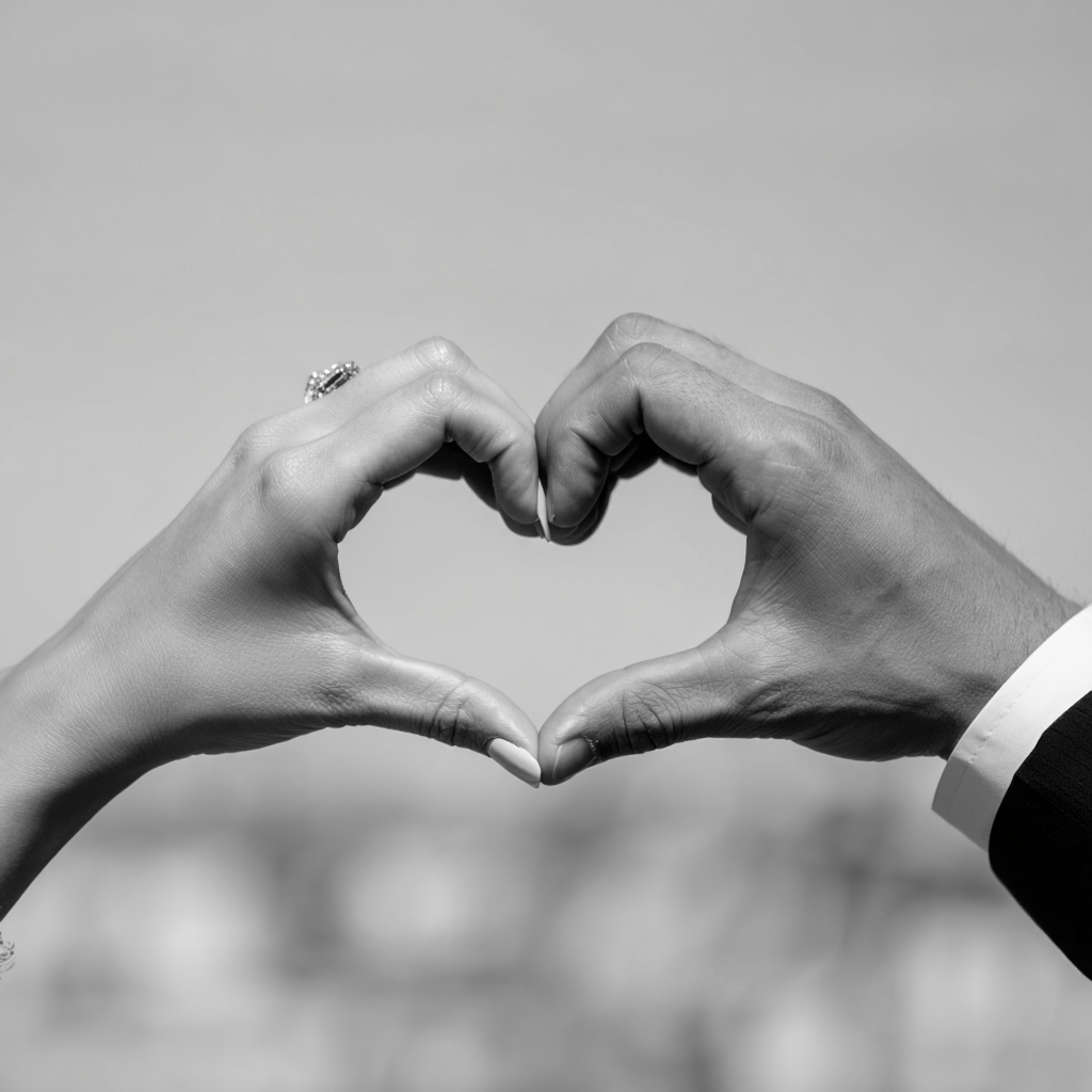 A black and white close-up photography capturing two hands forming a heart shape