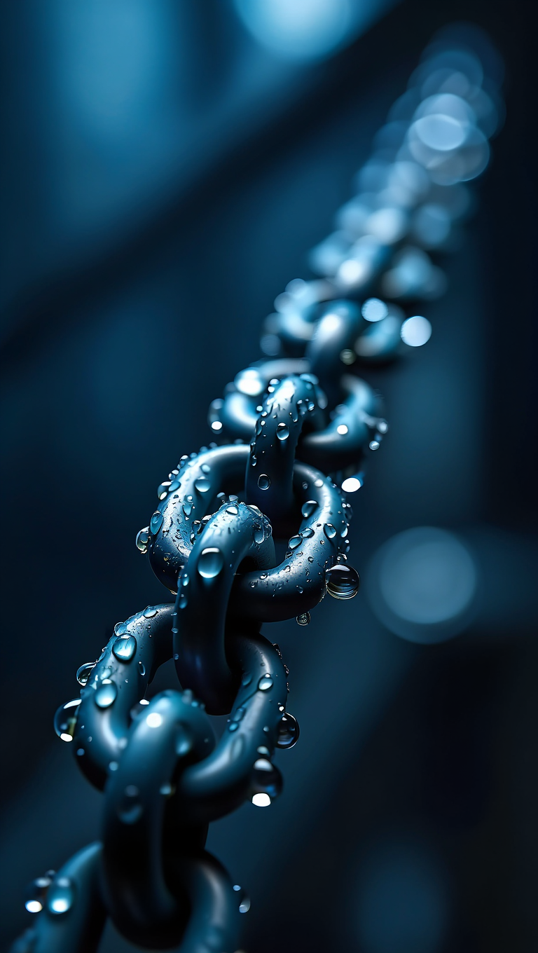 Industrial metal chain links covered with water droplets
