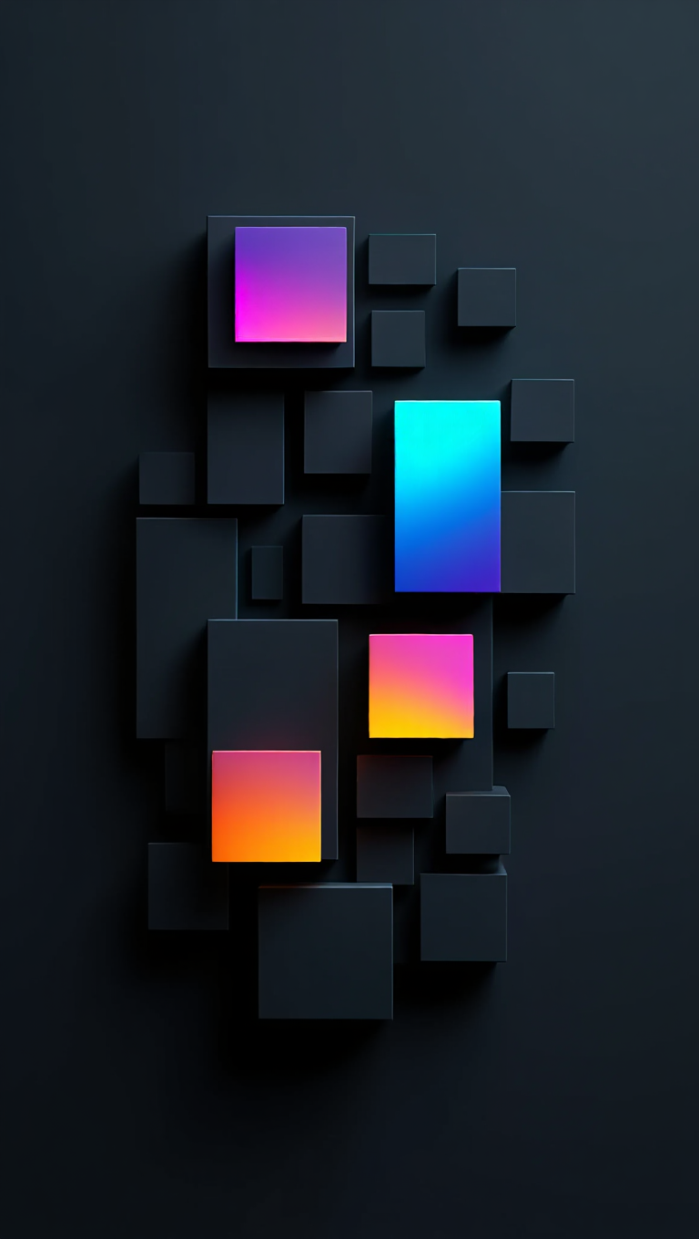 A striking abstract digital artwork featuring a vertical arrangement of three-dimensional squares against a dark background