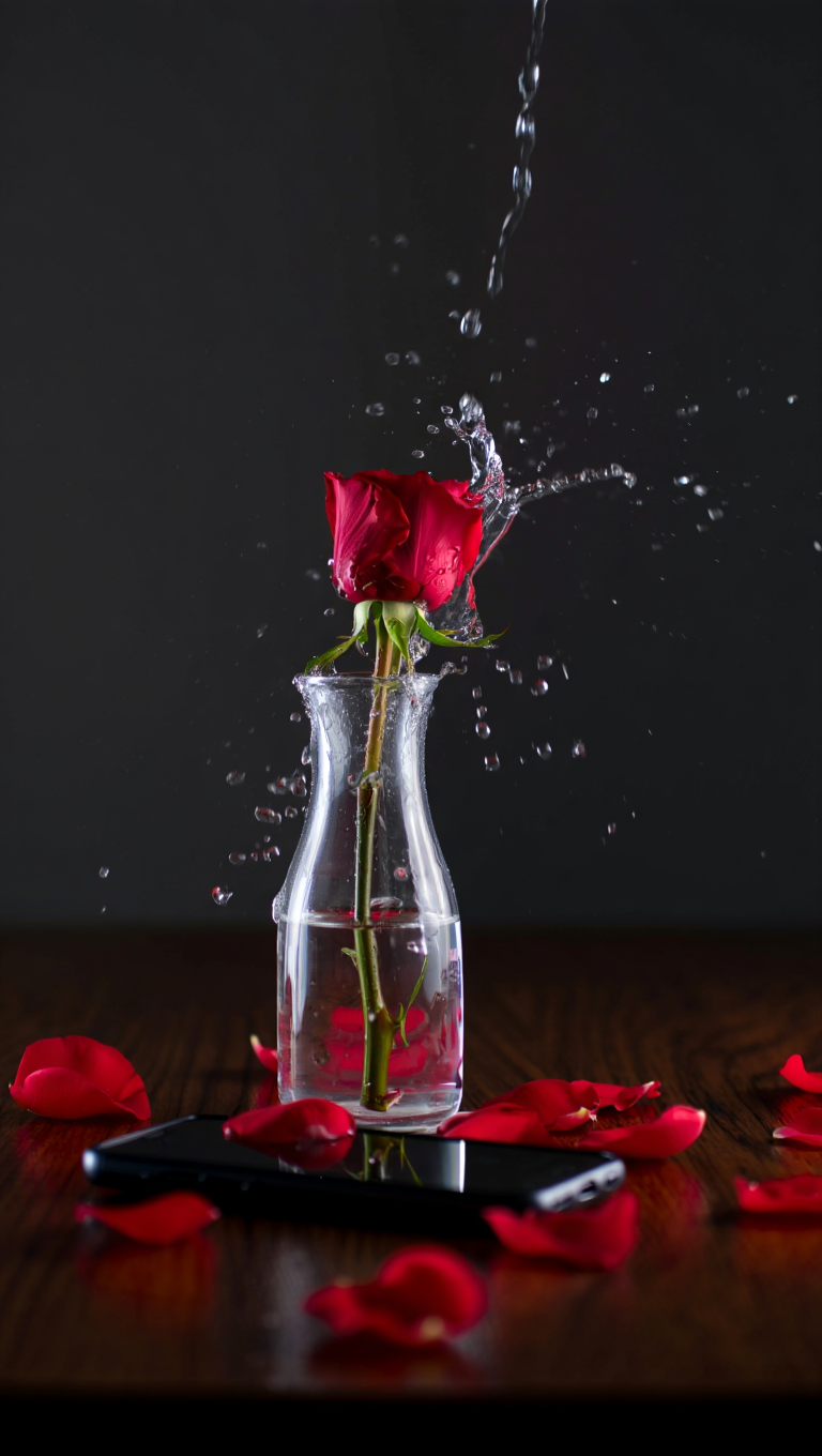 Single red rose in a clear glass vase