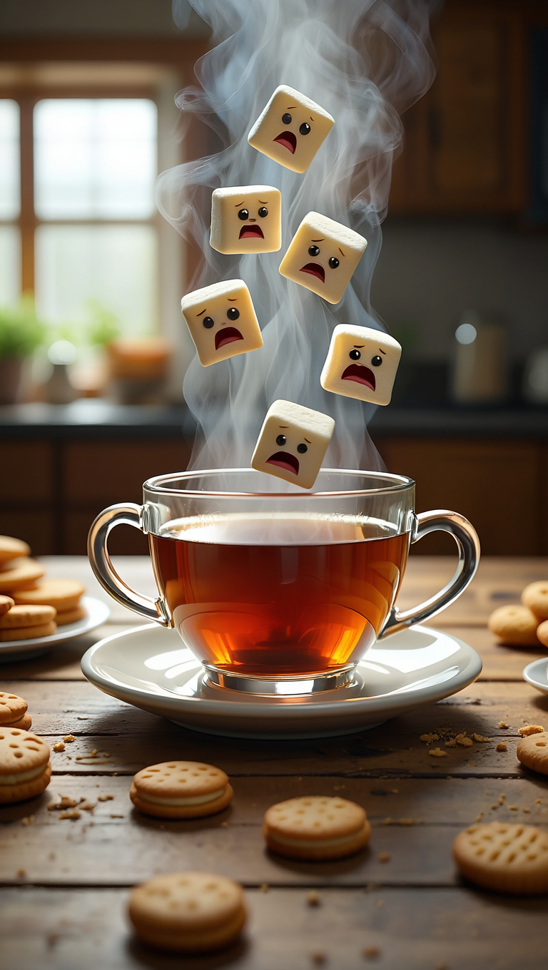A 3D rendered scene features a clear glass teacup filled with amber tea