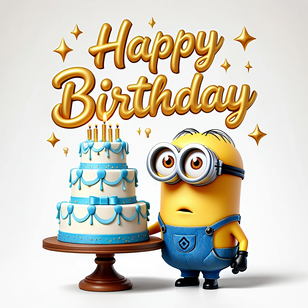 A 3D digital artwork features a Minion character from Despicable Me presenting a birthday cake