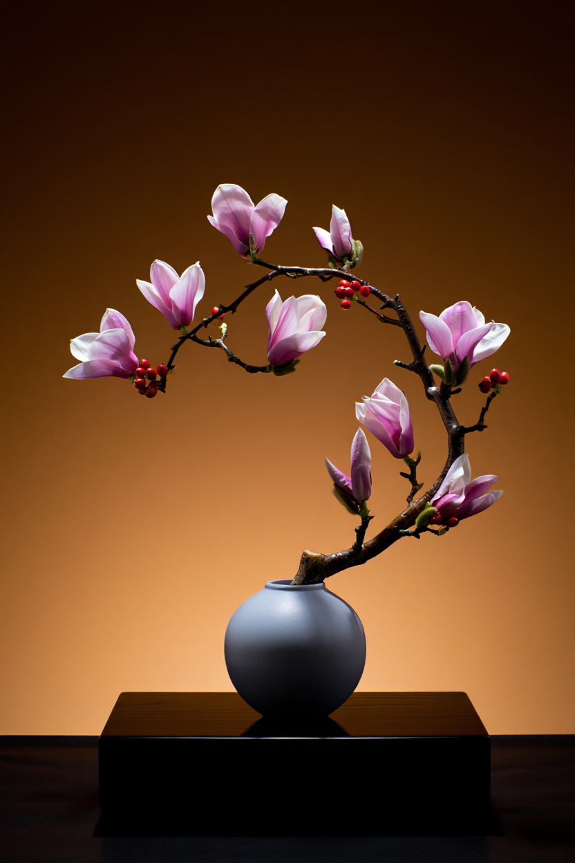 A still life photograph shows a curved magnolia branch with eight pale pink magnolia blossoms