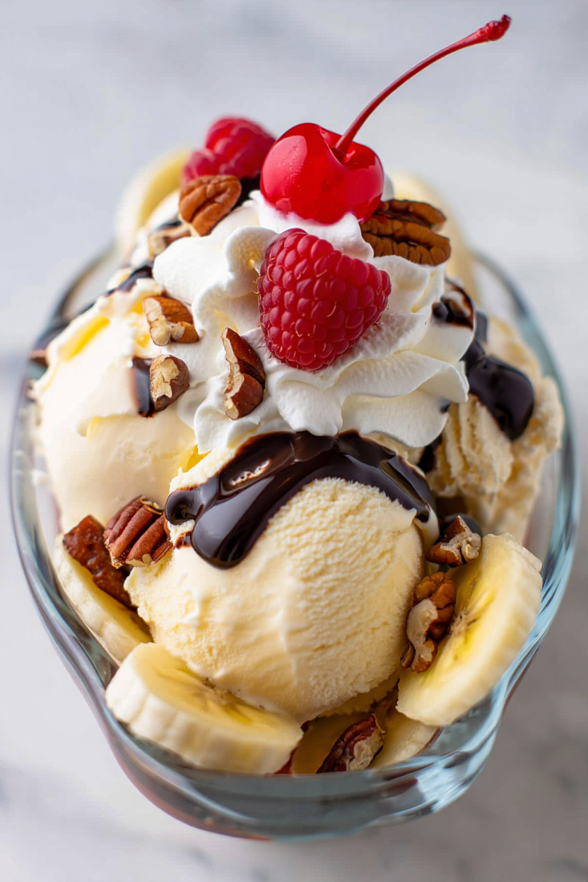 A banana split sundae rests in a clear glass sundae bowl